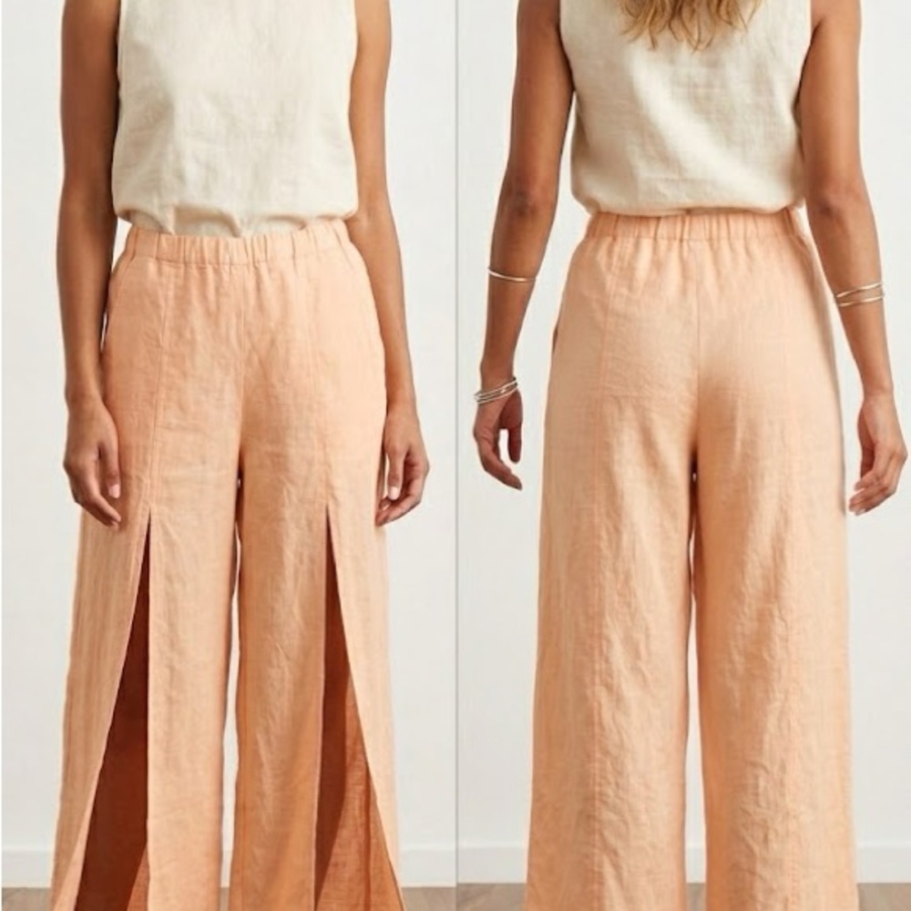 Peach Wide-Leg Linen Pants large split leg front beach Mediterranean cruise